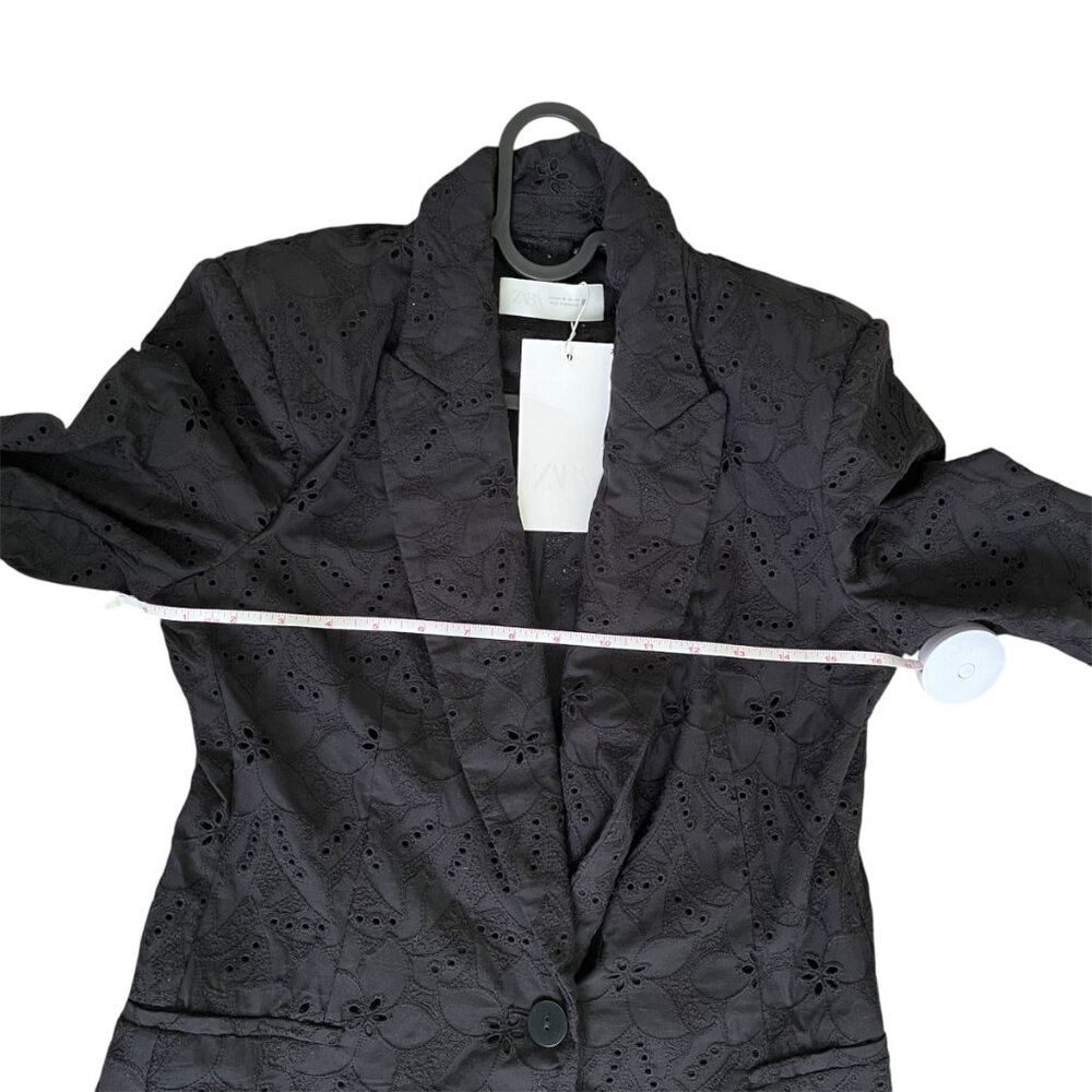 Zara Black Embroidered Eyelet Blazer Medium Organic Cotton Chic Elevated Basics - Picture 11 of 13